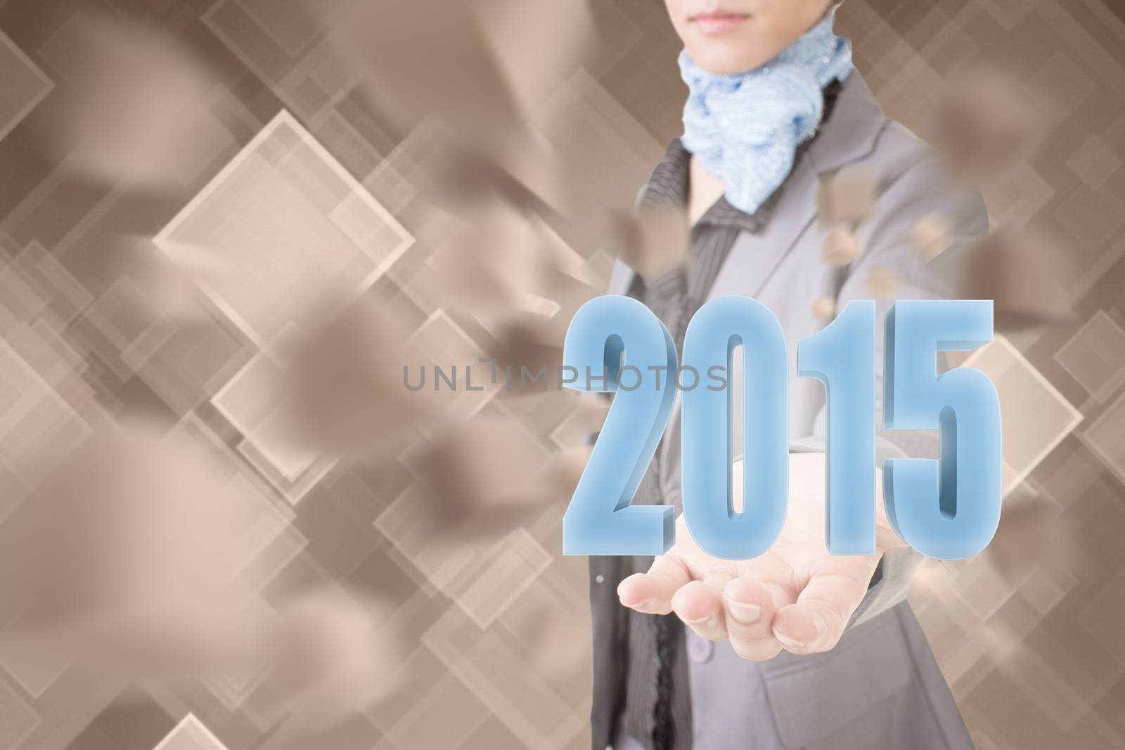 Concept of 2015, business woman holding a 3d text.