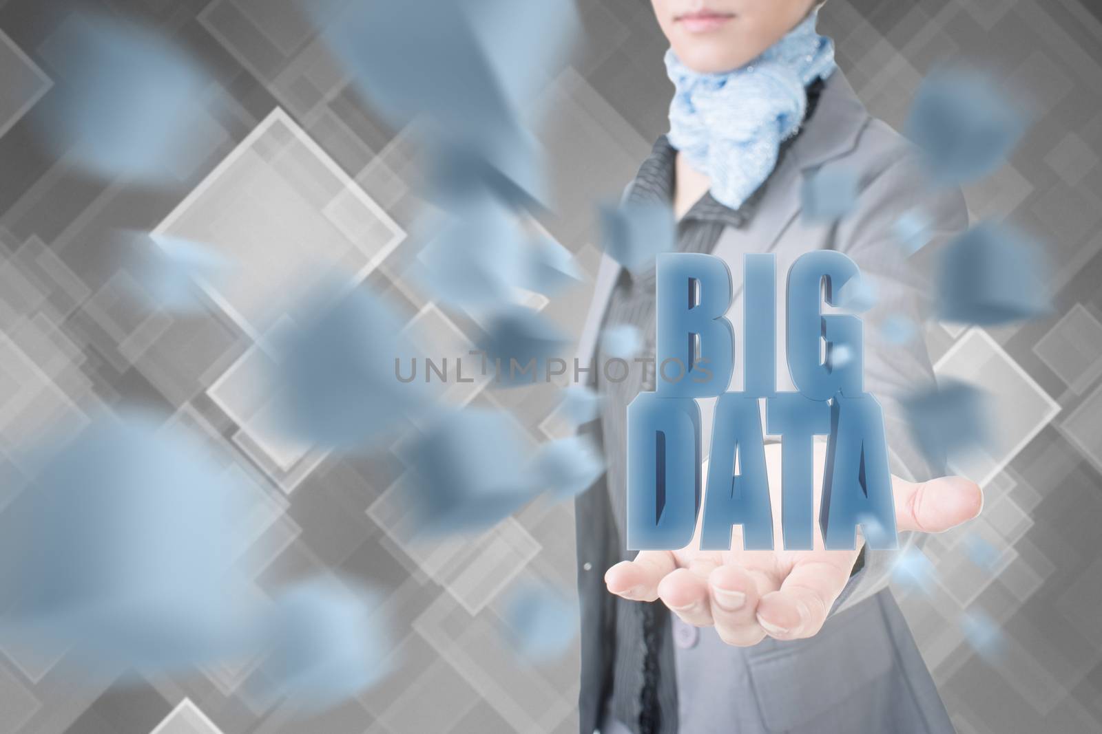 Concept of big data, business woman holding a 3d text.