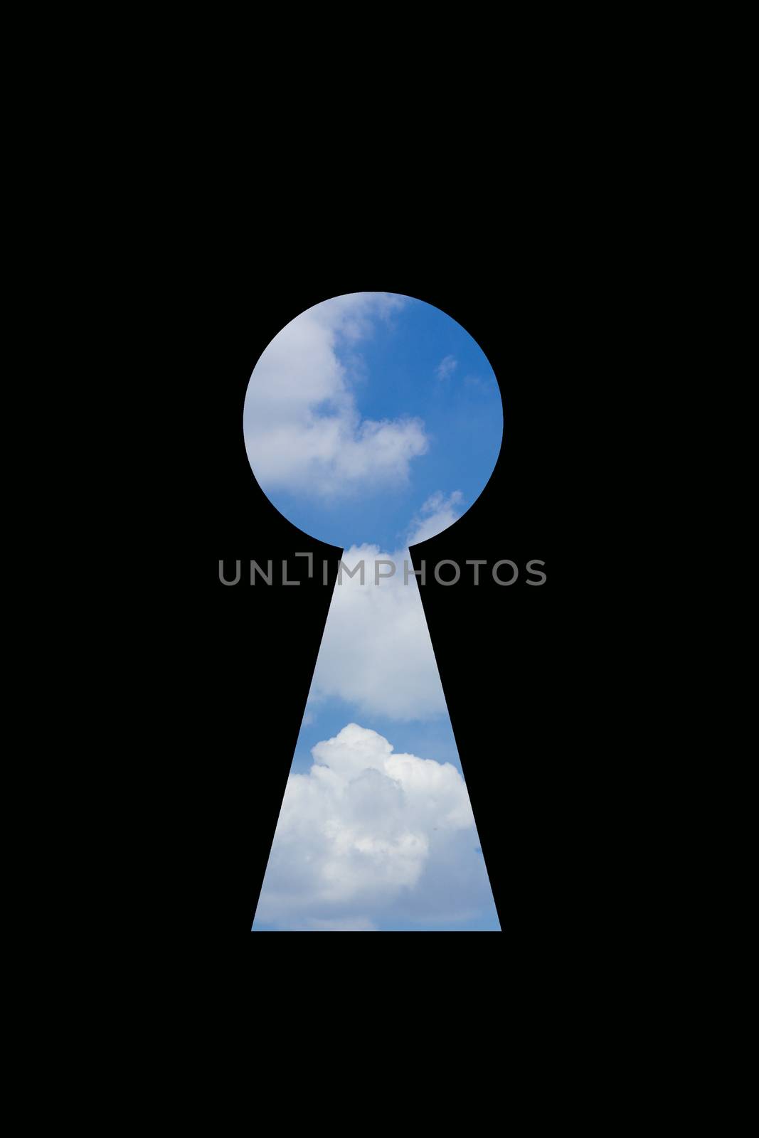 Sky in keyhole isolated on black background