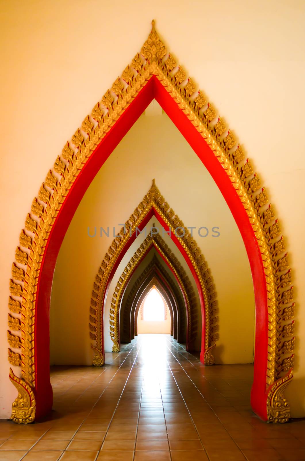 arch pathway in pagoda at Wat Tham Sua (Tiger Cave Temple), Kanchanaburi thailand