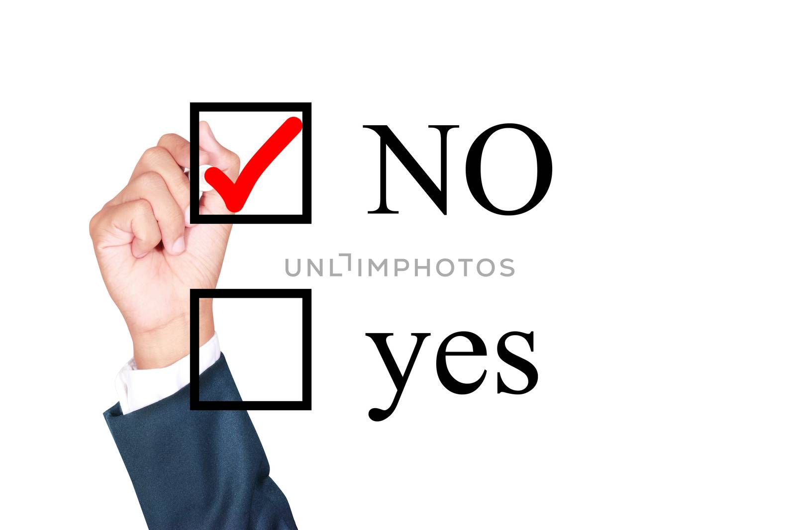 say no tick mark on checkbox by businessman draw on whiteboard white background