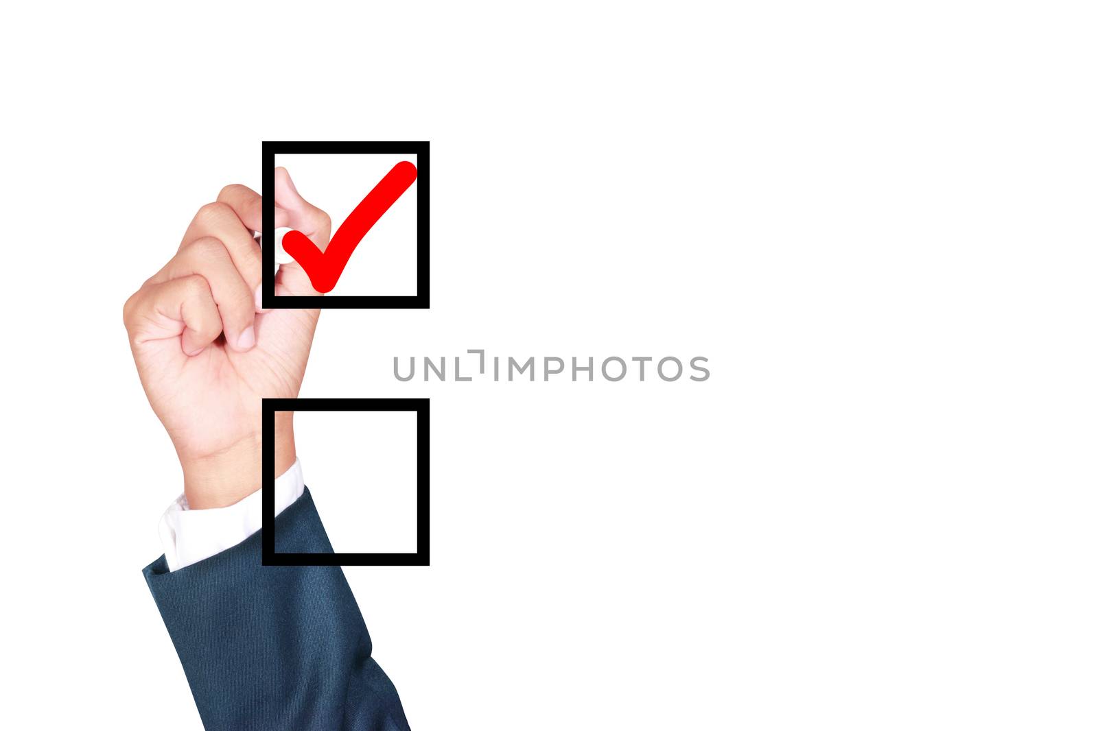 check mark with copy space by businessman draw on whiteboard white background