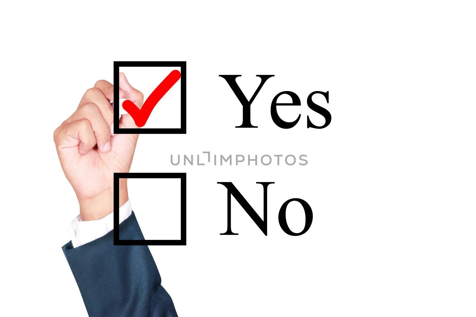 say yes tick mark on checkbox by businessman draw on whiteboard white background