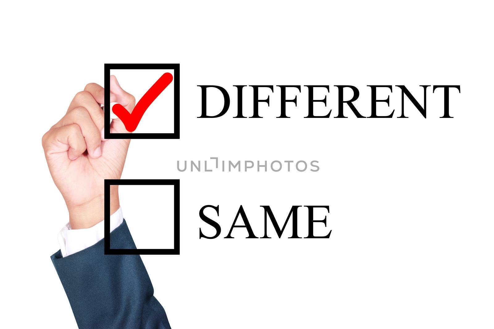 make it different by tick box by businessman draw on whiteboard white background