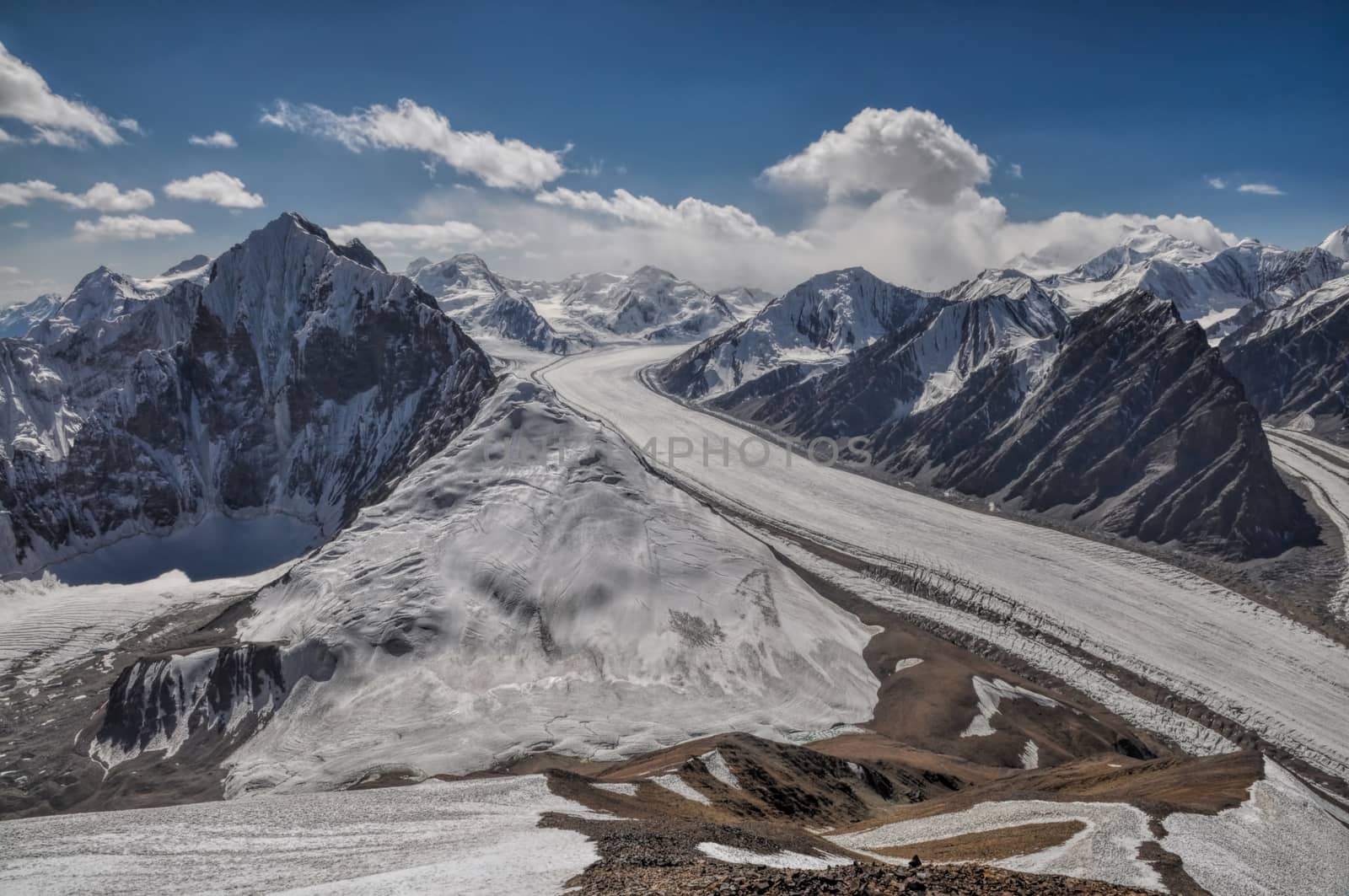 Scenic view of Fedchenko Glacier in Pamir mountains in Tajikistan