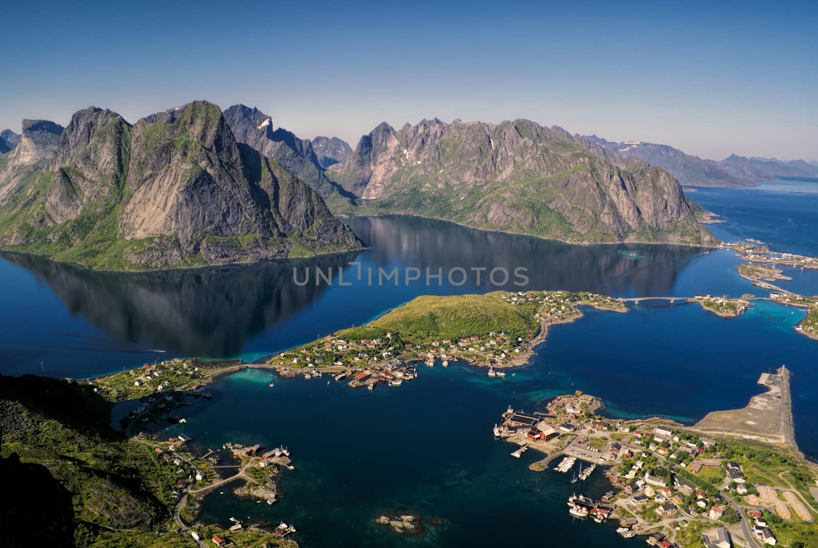 Beautiful aerial view of town Reine and surrounding fjords on Lofoten islands            