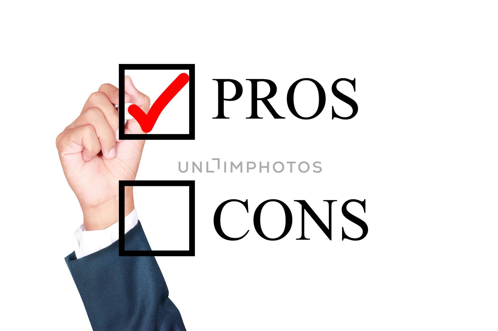 pros is answer choose by businessman tick choice whiteboard white background