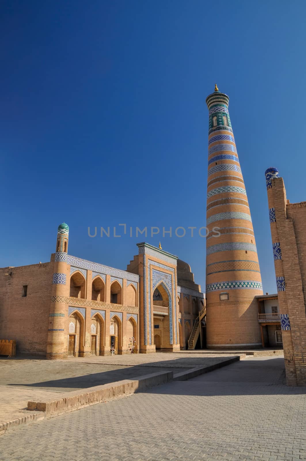 Beautiful tall minaret in Khiva, Uzbekistan