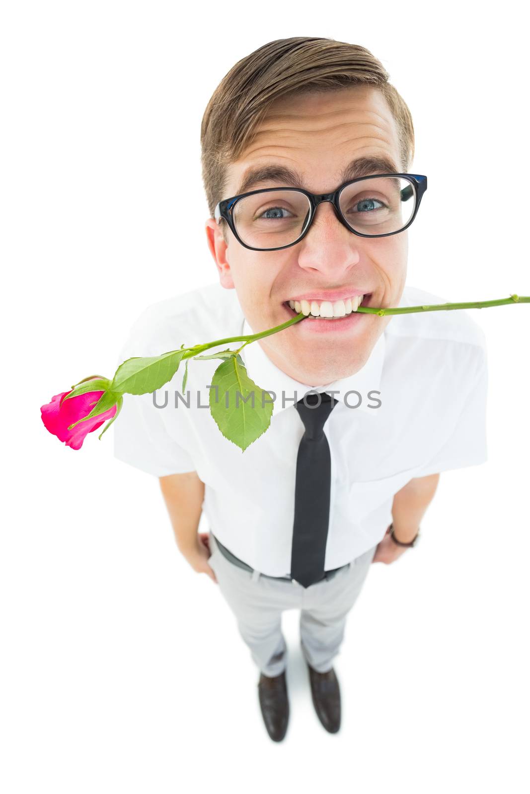 Geeky hipster holding a red rose in his teeth by Wavebreakmedia