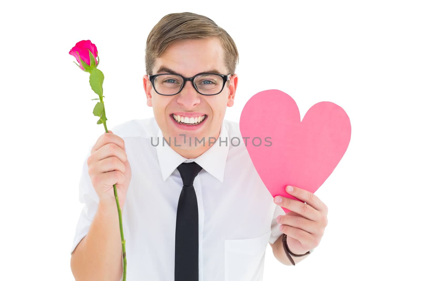 Geeky hipster holding a red rose and heart card on white background