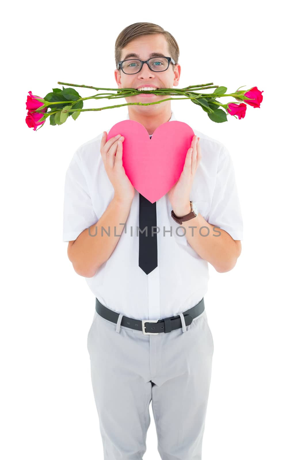 Geeky hipster holding red roses and heart card on white background