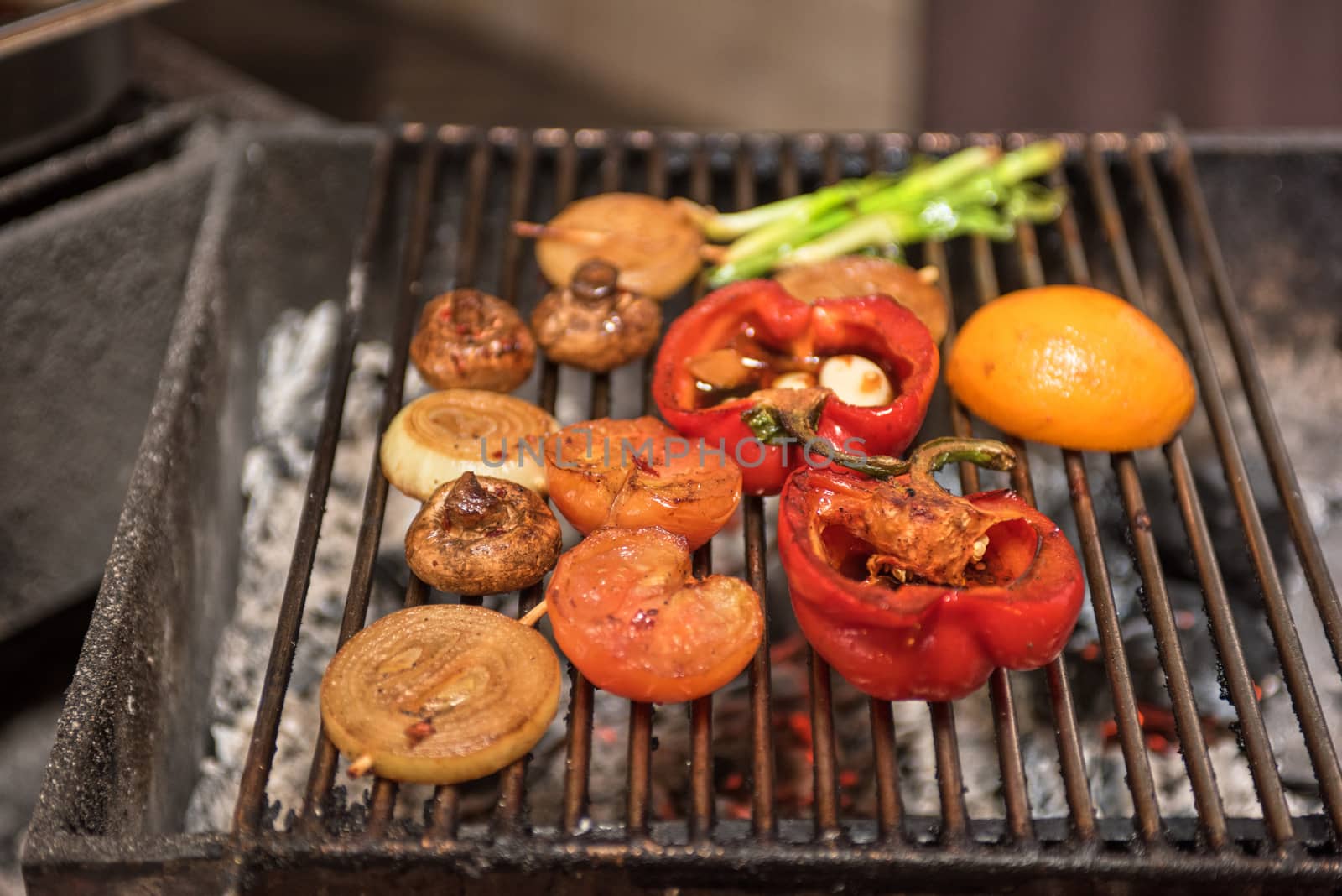 Different vegetables on the grill preparing 