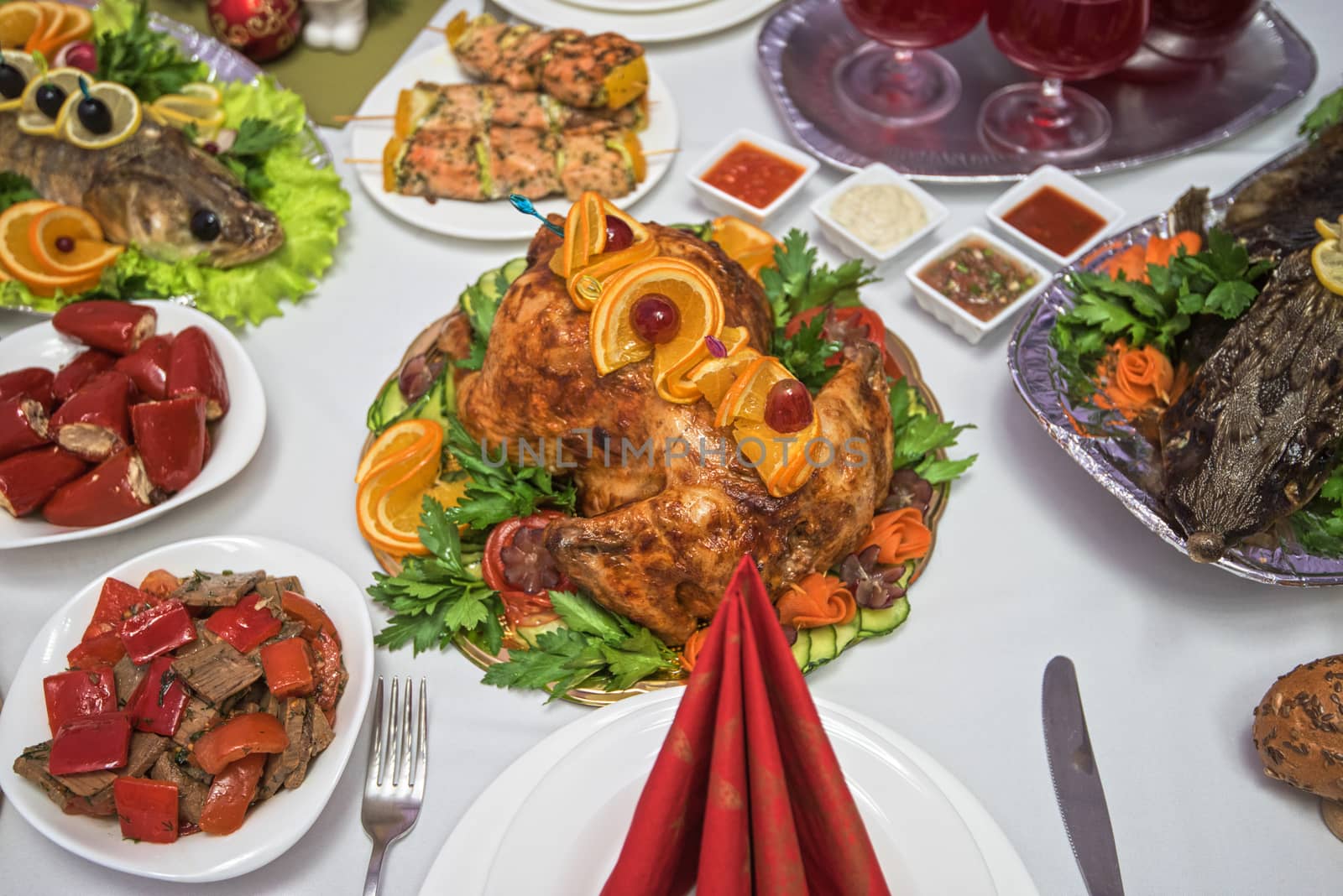 Lots of traditional festive food on table. Christmas table.