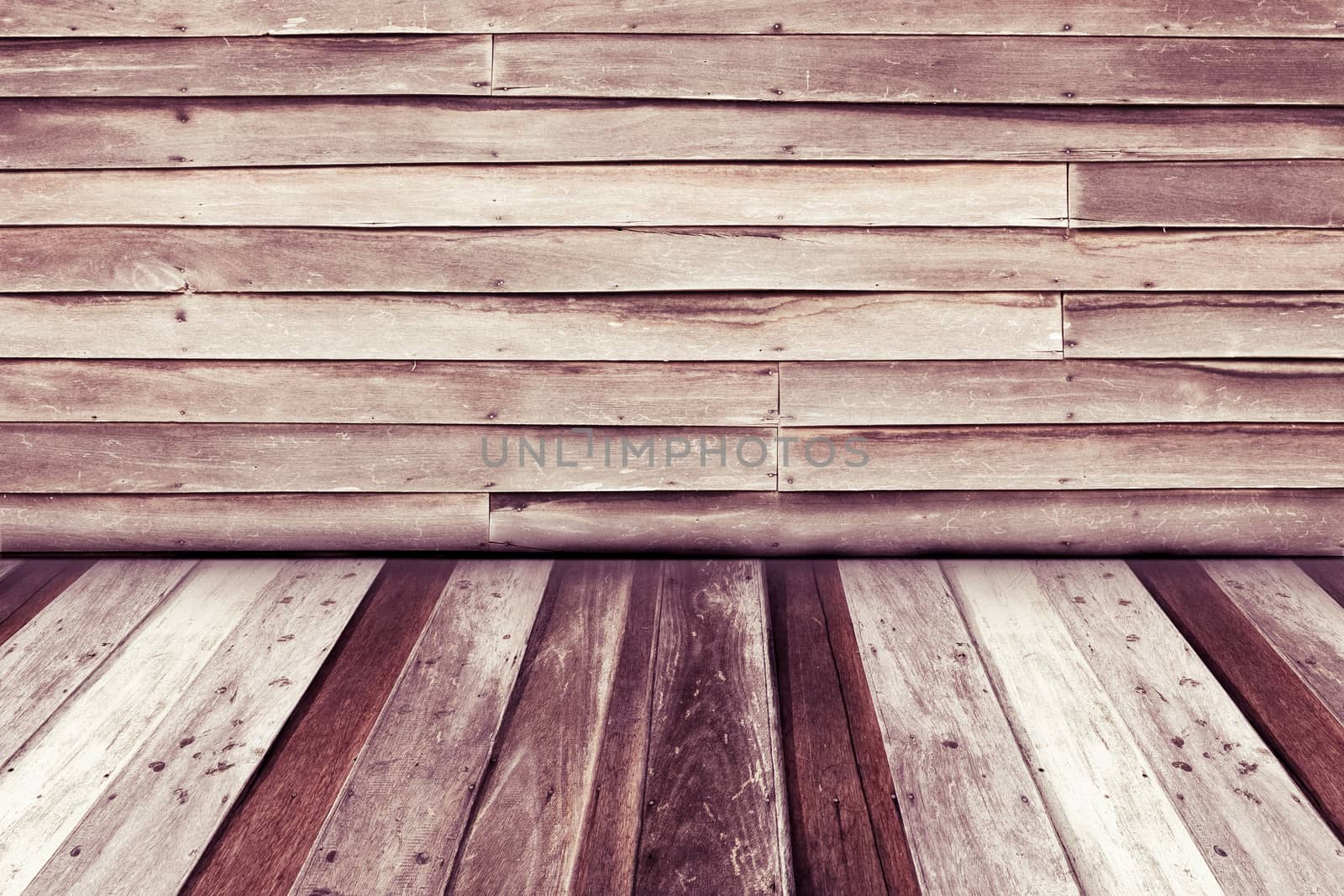 room interior with old wooden wall and wood floor background, with vignette, retro style