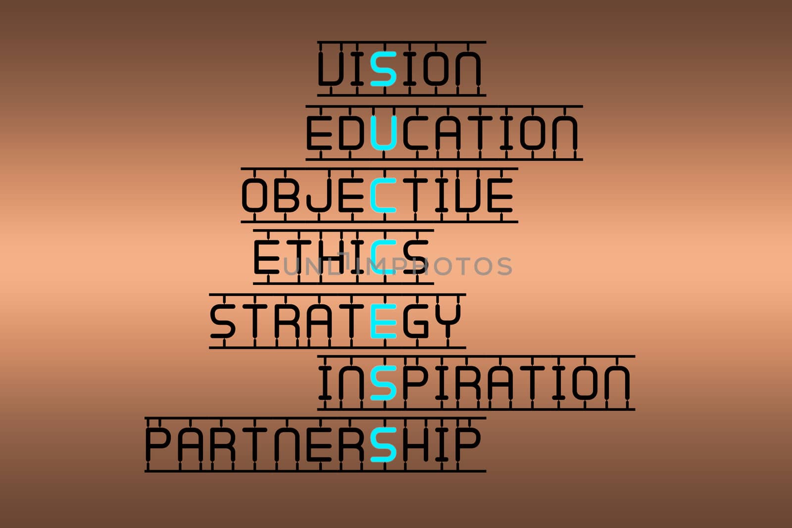 The blue word Success glowing among words that are important for business, isolated on metalic background