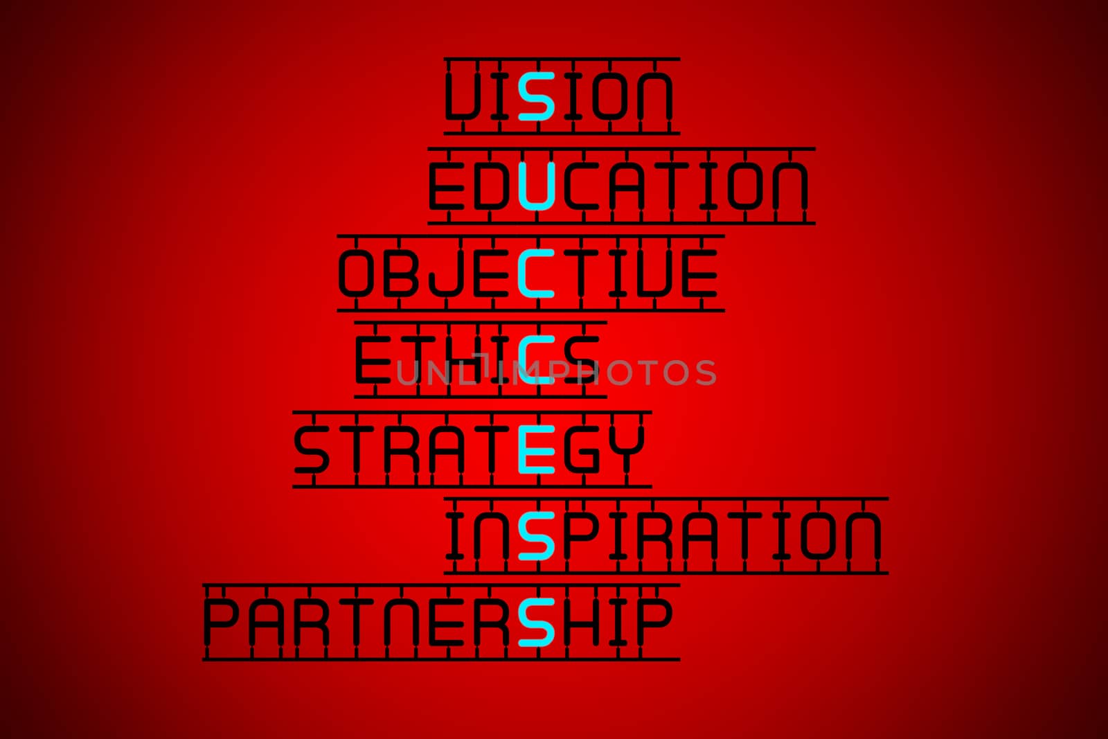 The blue word Success glowing among words that are important for business, isolated on vignetted red background