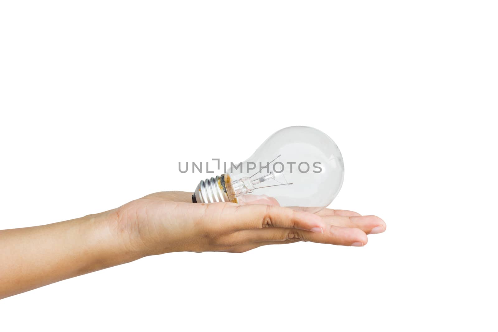 Light bulb in woman hand on white background.