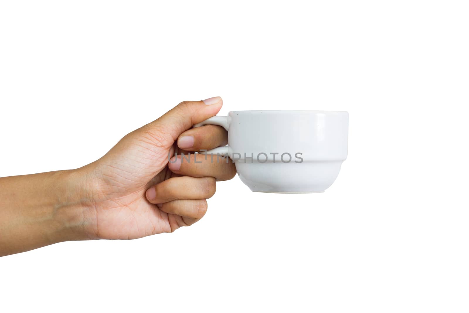 woman holding a cup of coffee, isolated on white