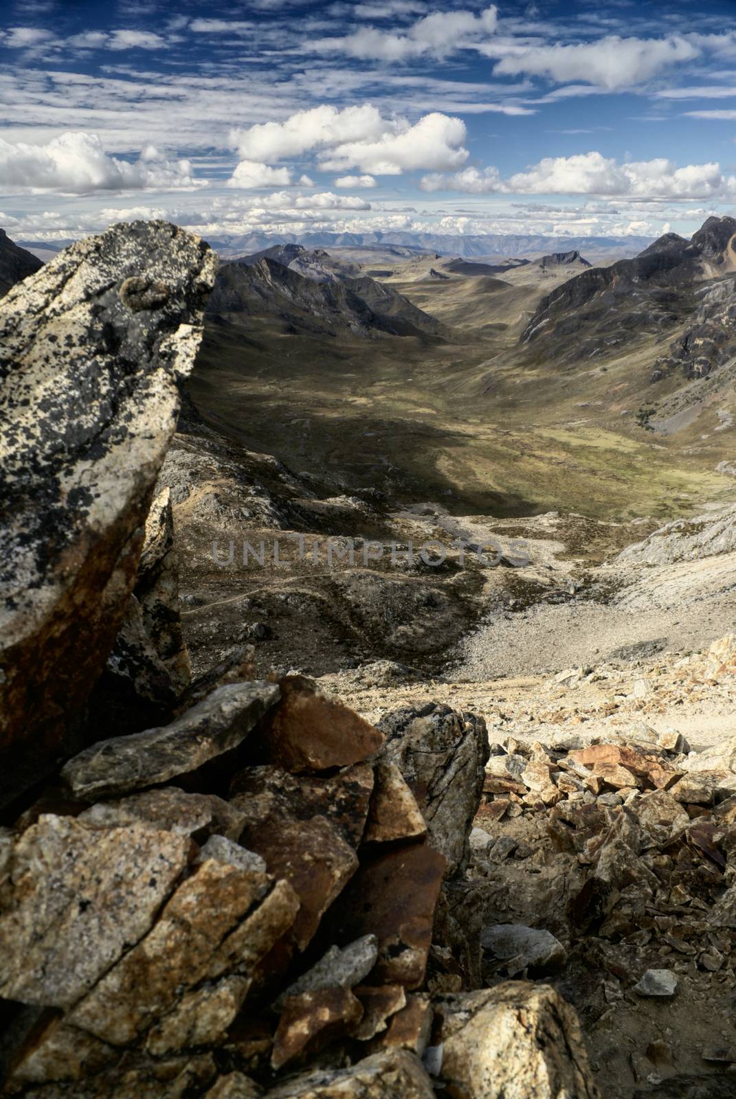 Scenic valleys around Alpamayo, one of highest mountain peaks in Peruvian Andes, Cordillera Blanca