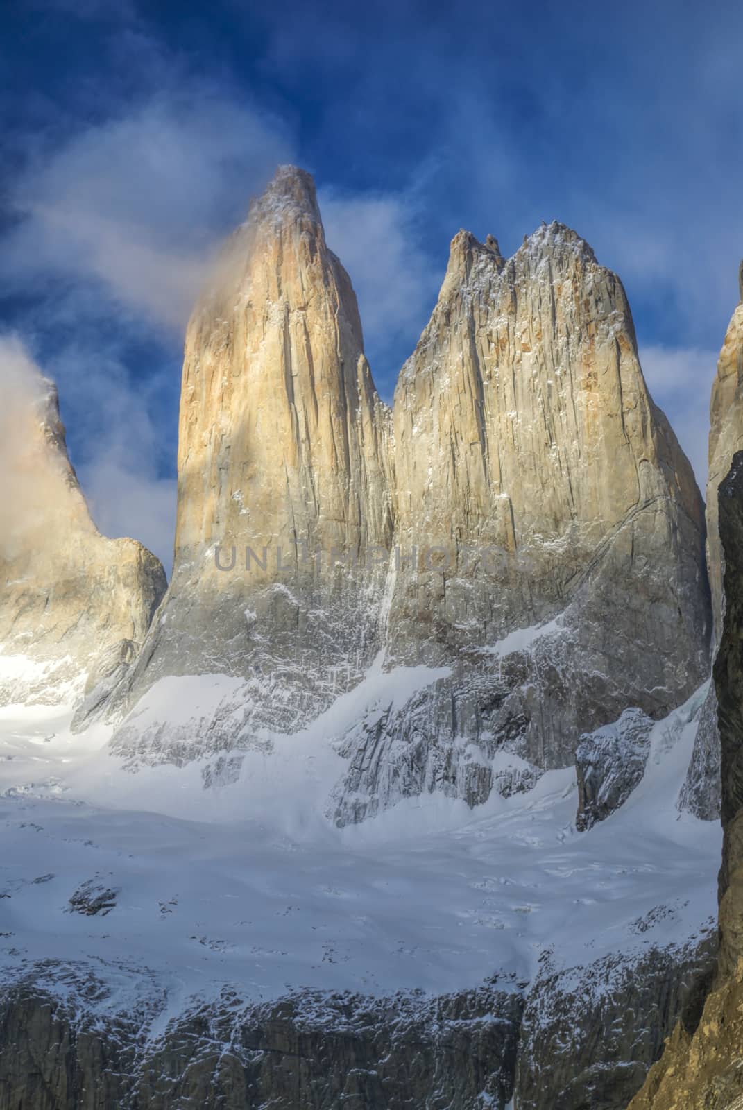 Pinnacles in Torres del Paine national park in south American Andes    