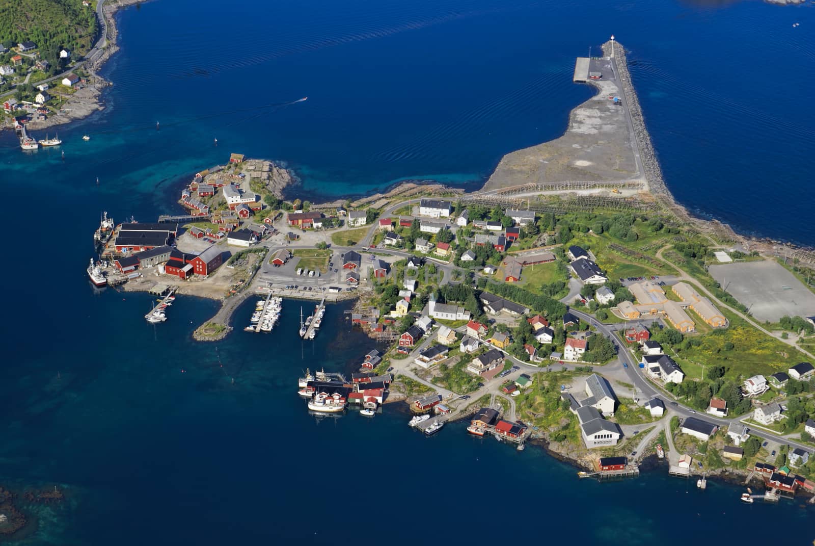 Aerial view of picturesque harbor in Reine on Lofoten islands in Norway          