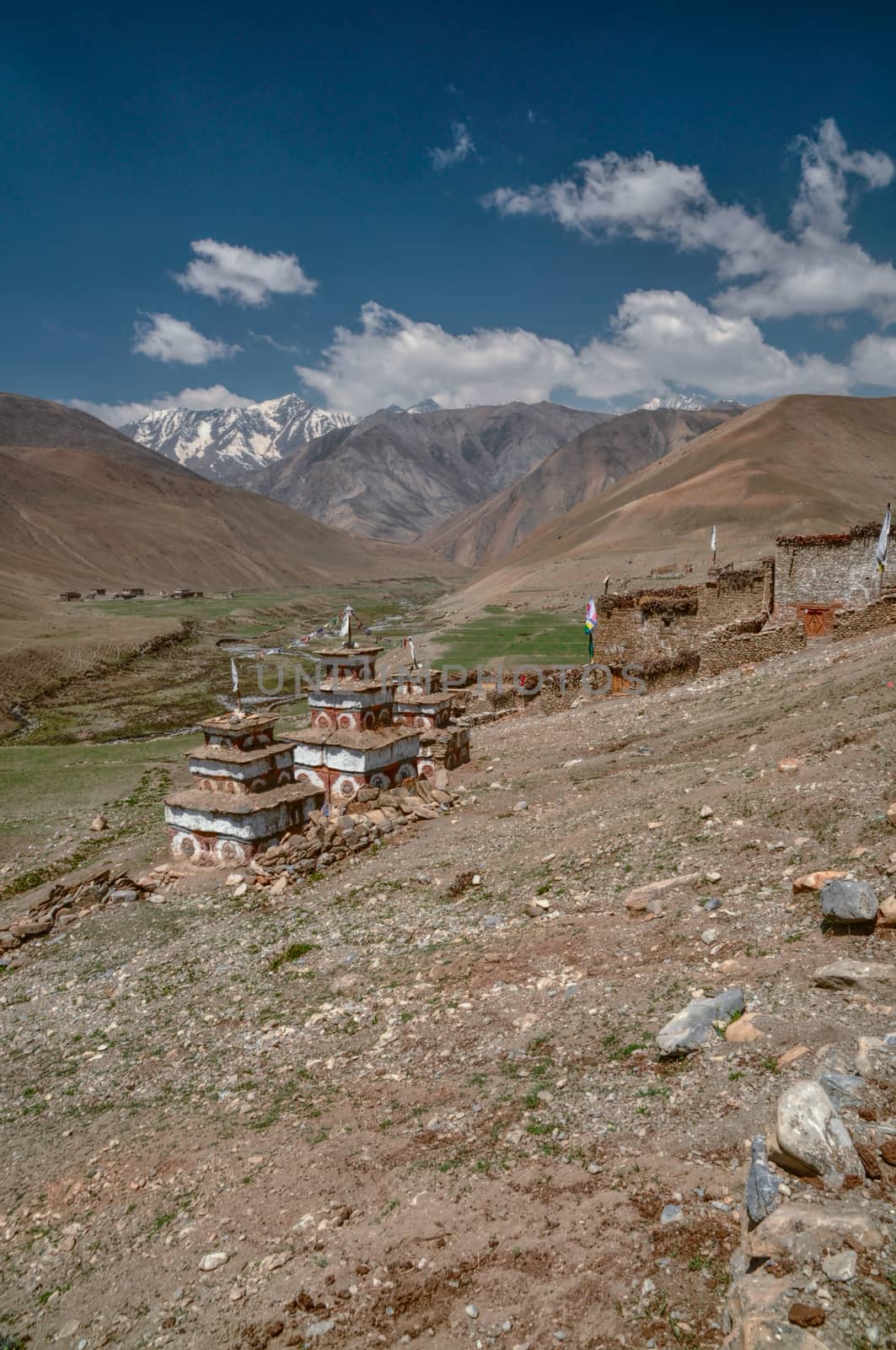 Picturesque valley with old buddhist shrines in Himalayas mountains in Nepal