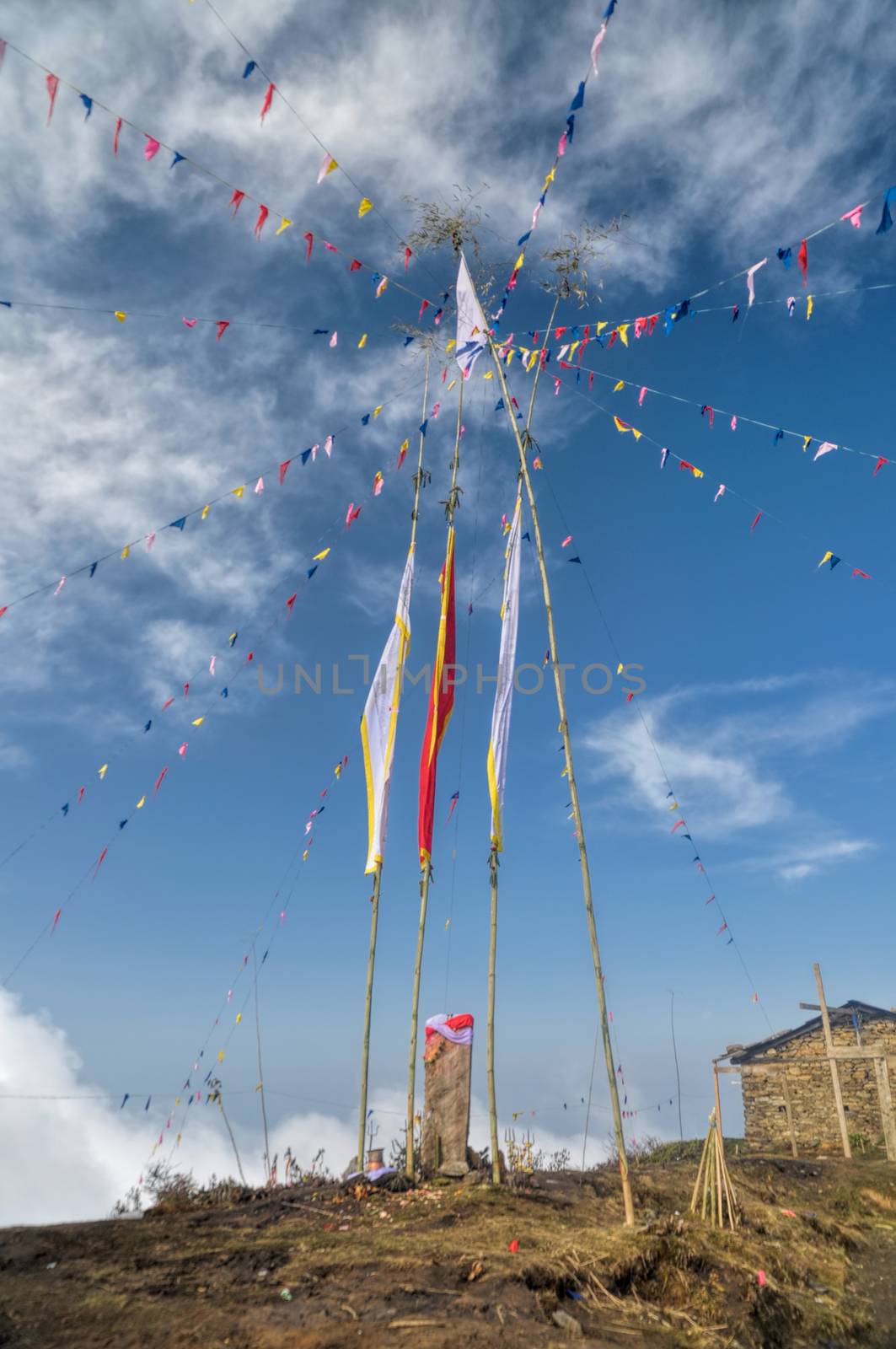Colorful buddhist prayer flags in Pathivara Devi, Nepal