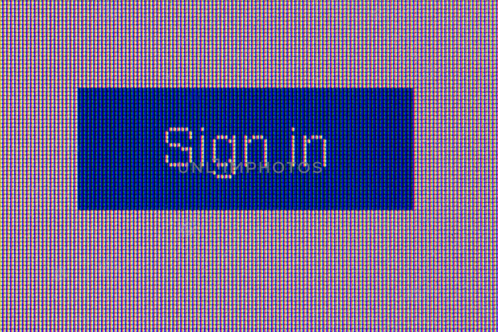 blue sign in button. Macro screen view of old monitor.