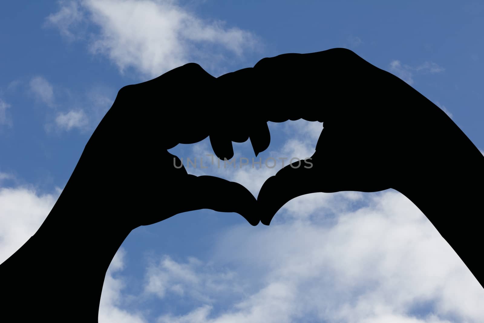 bat shape hand silhouette in blue sky.