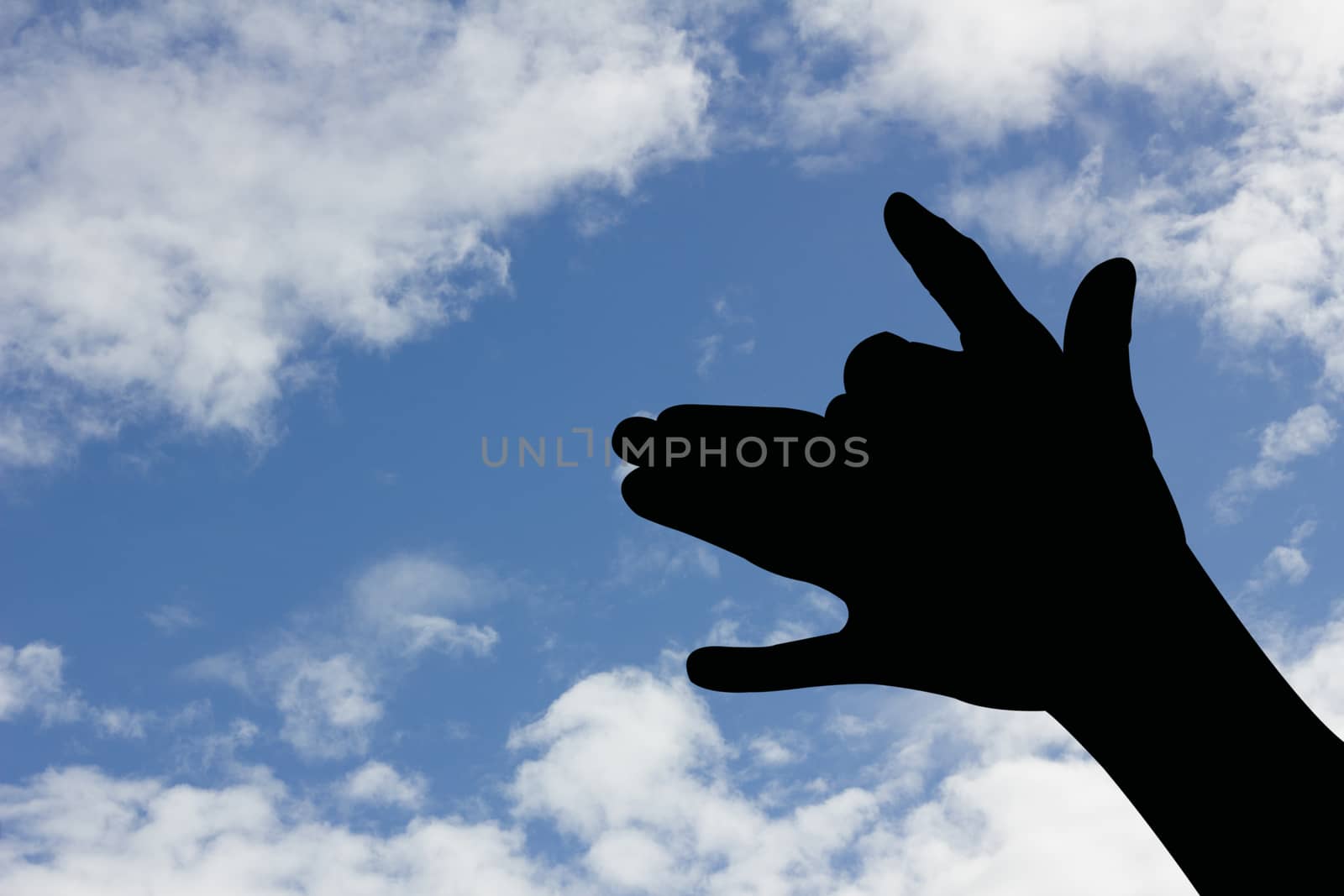 dog shape hand silhouette in blue sky.