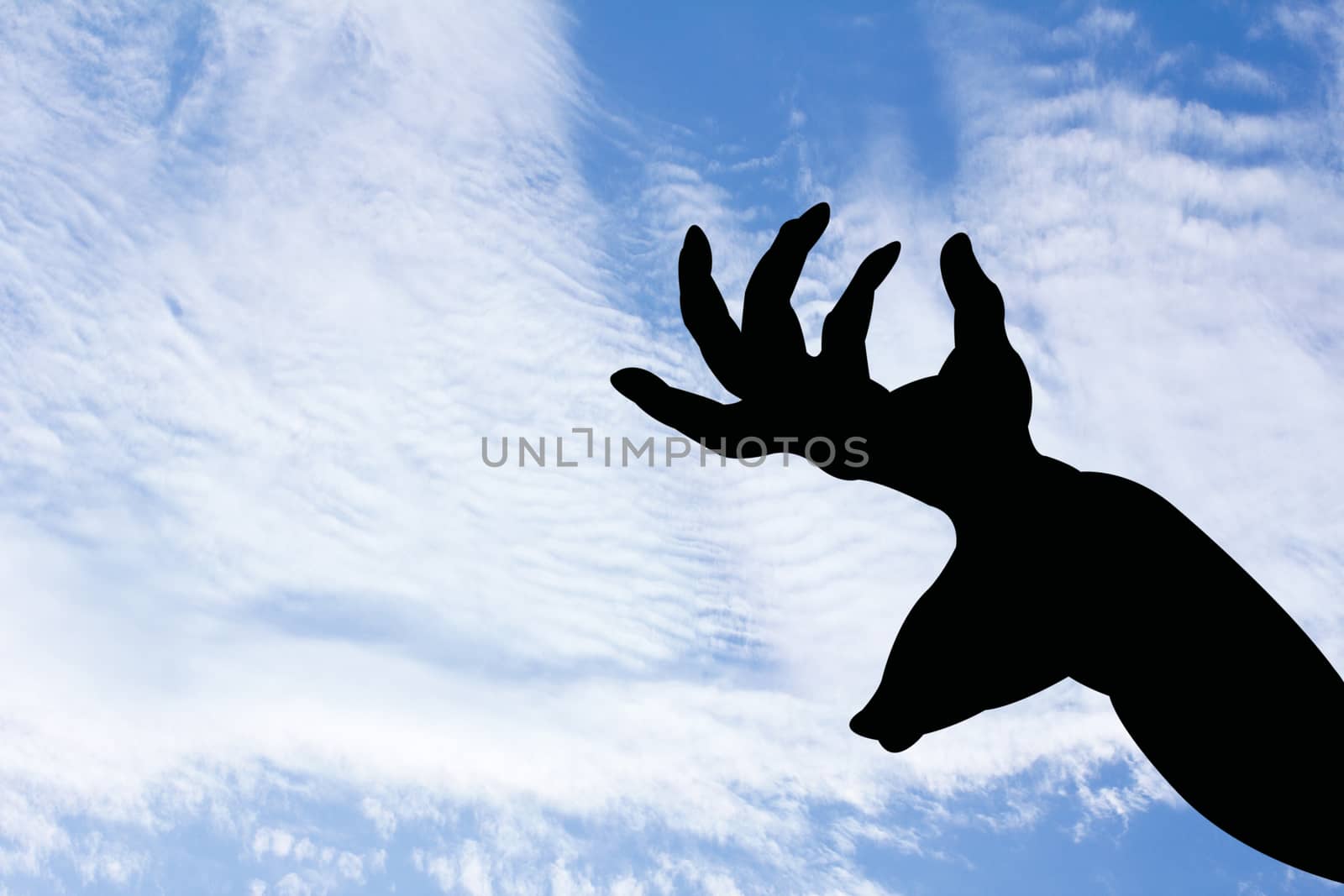 deer with horn shape hand silhouette in blue sky