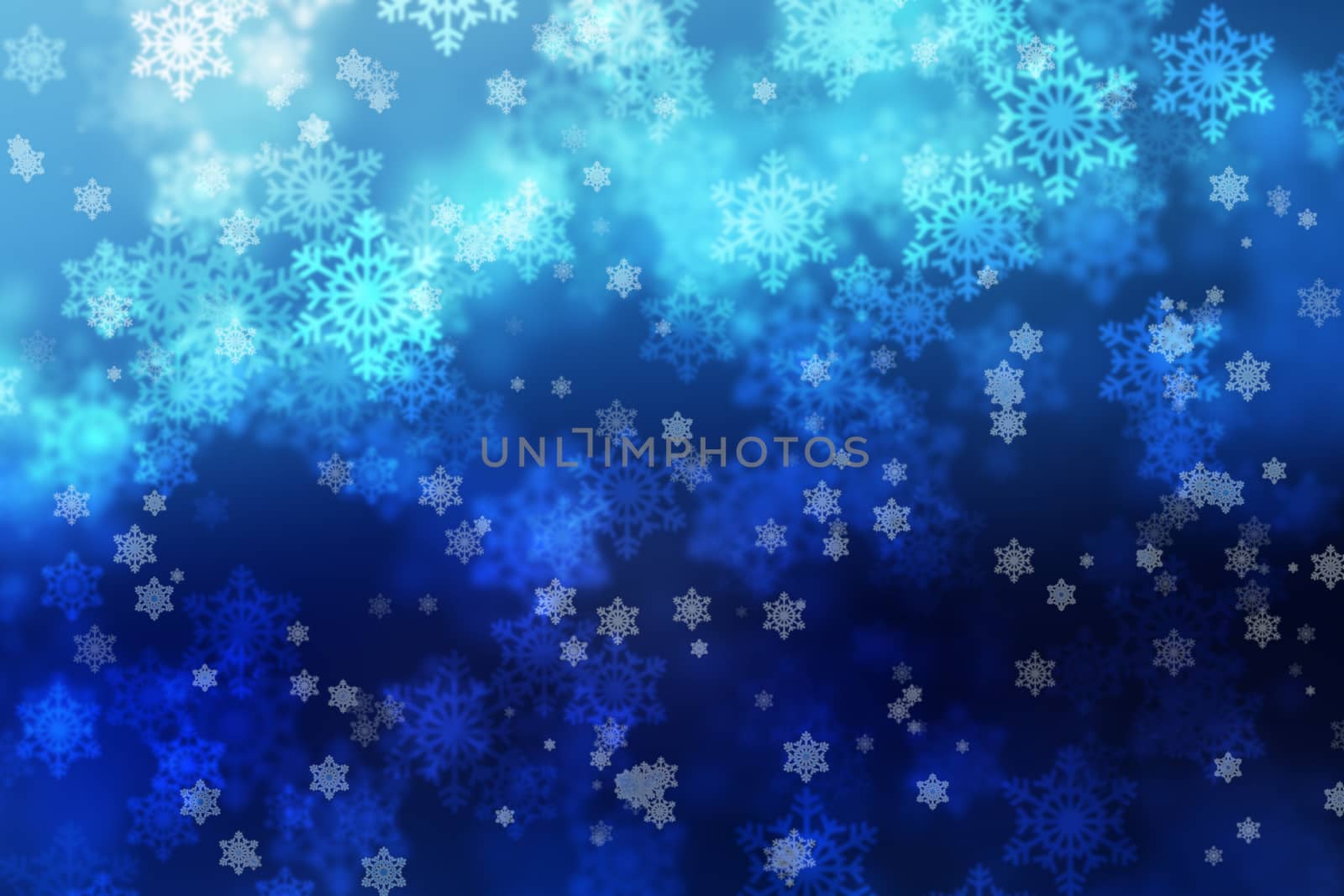 Blue bokeh abstract light background, with snowflakes