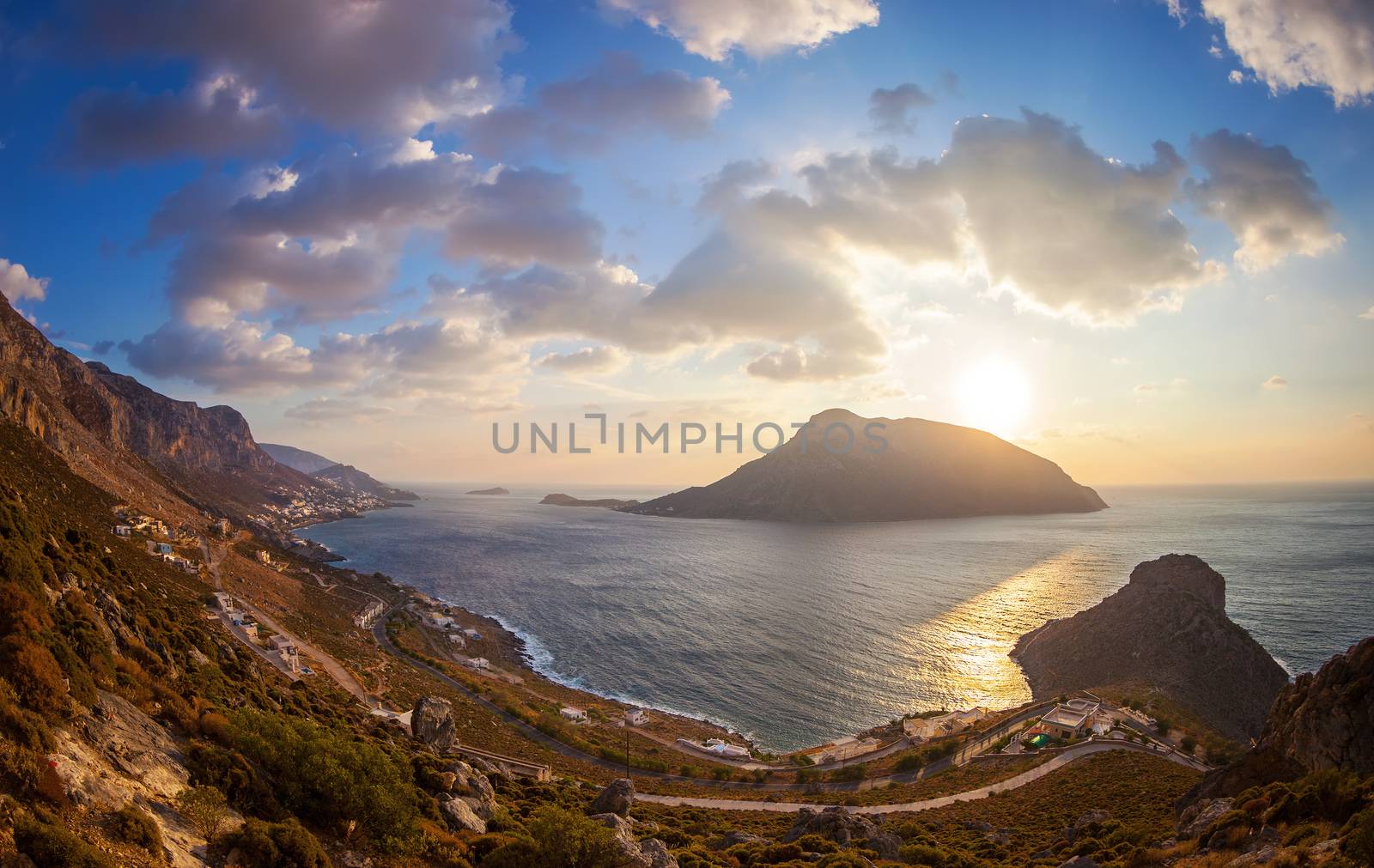 View from top of a hill at sunset, Kalymnos island, Greece