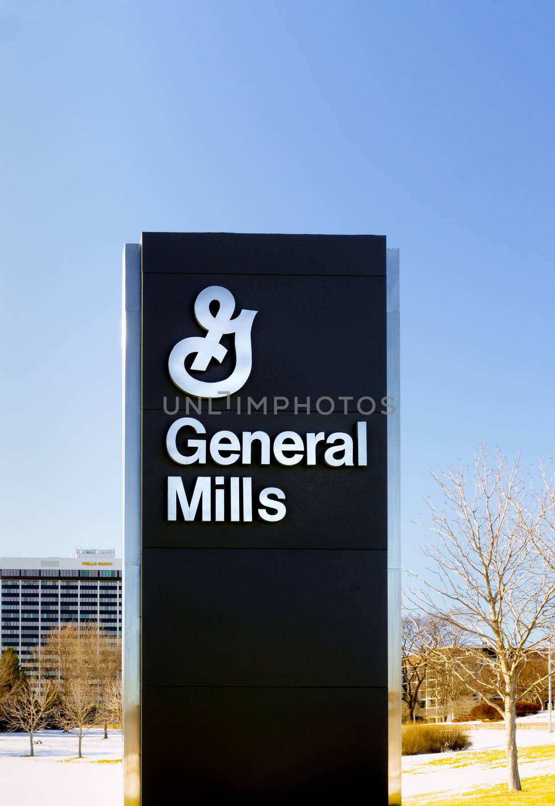GOLDEN VALLEY, MN/USA - JANUARY 18, 2015: General Mills corporate headquarters and sign. General Mills, Inc. is an American multinational Fortune 500 corporation food products conglomerate.