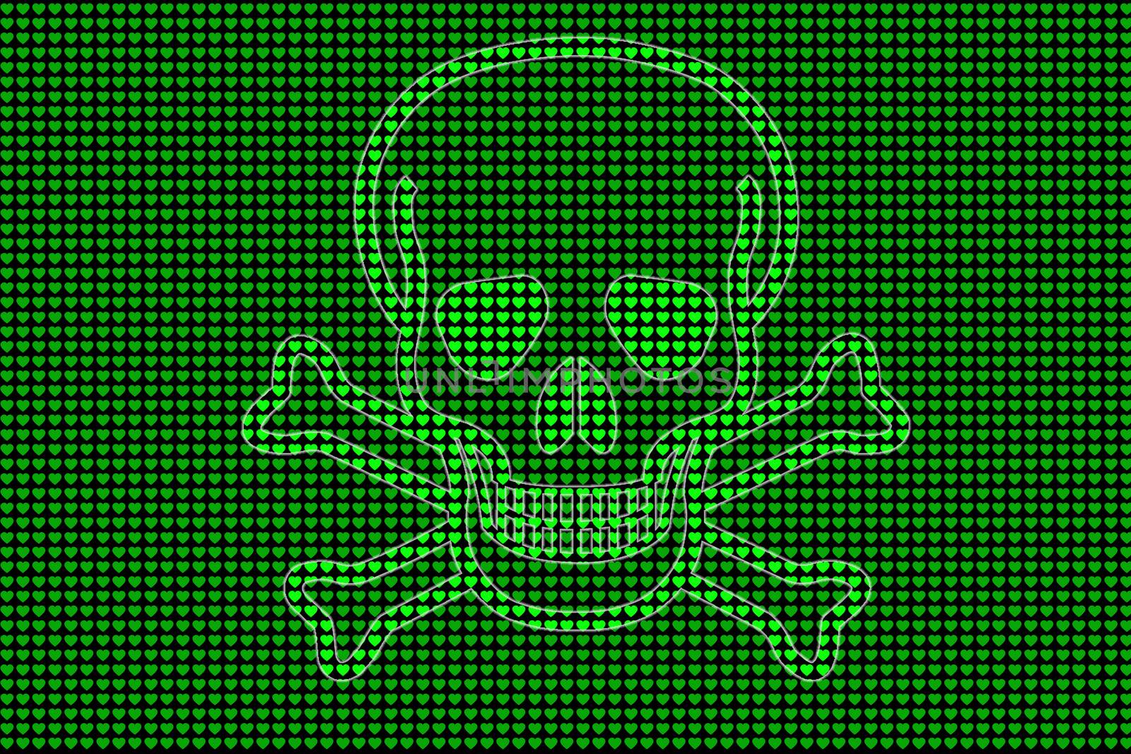 green heart shape background with skull, concept love is danger and deadly