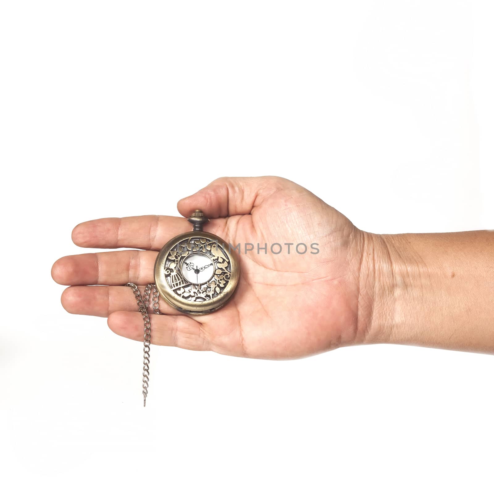 pocket clock in hand on isolate