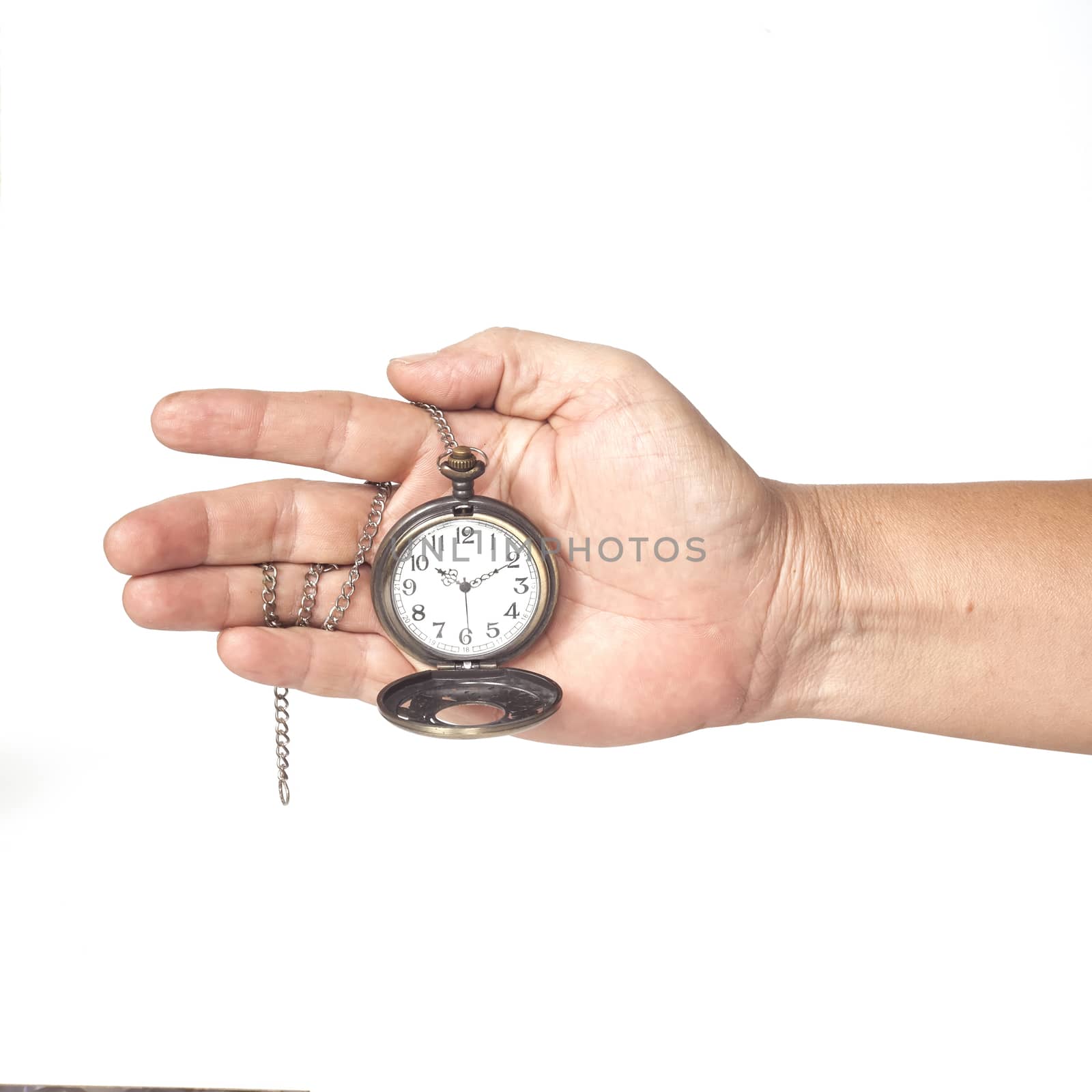 pocket clock in hand on isolate
