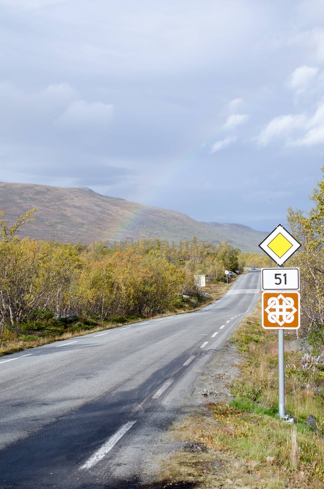 Rainbow on scenic road 51 in Norway