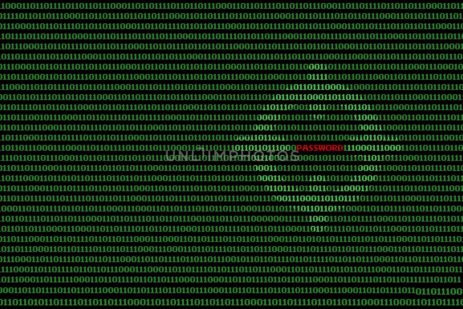 Binary computer code background, with red password and crosshairs.