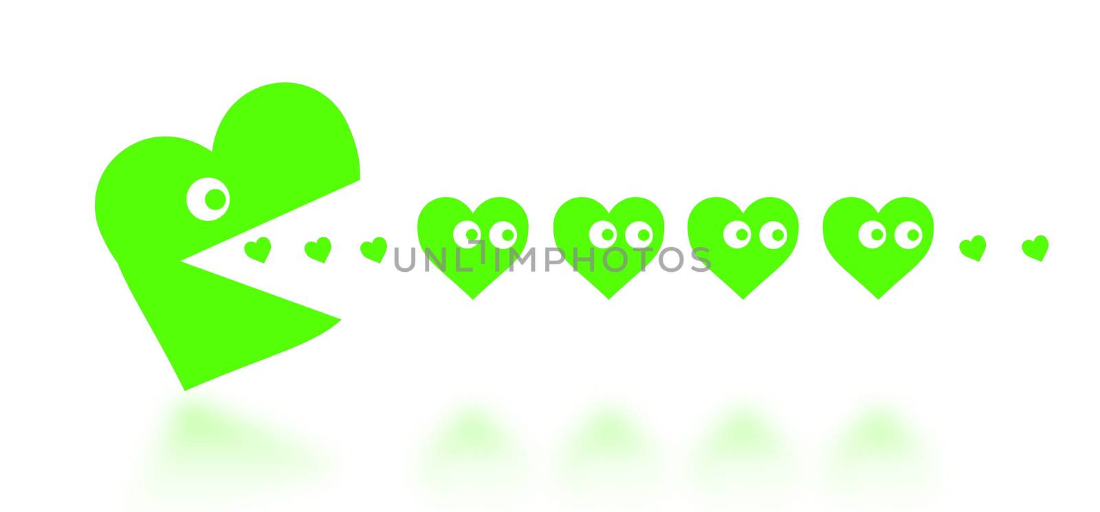 Concept of dating - big Pacman heart hunting small hearts - green