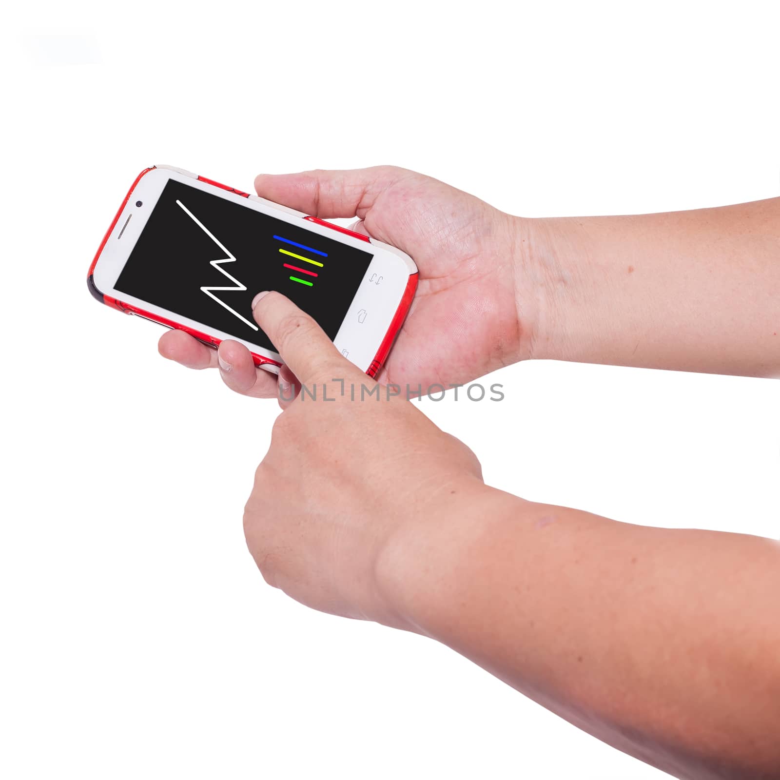 Hand handle a smartphone for check a business and stock graph
