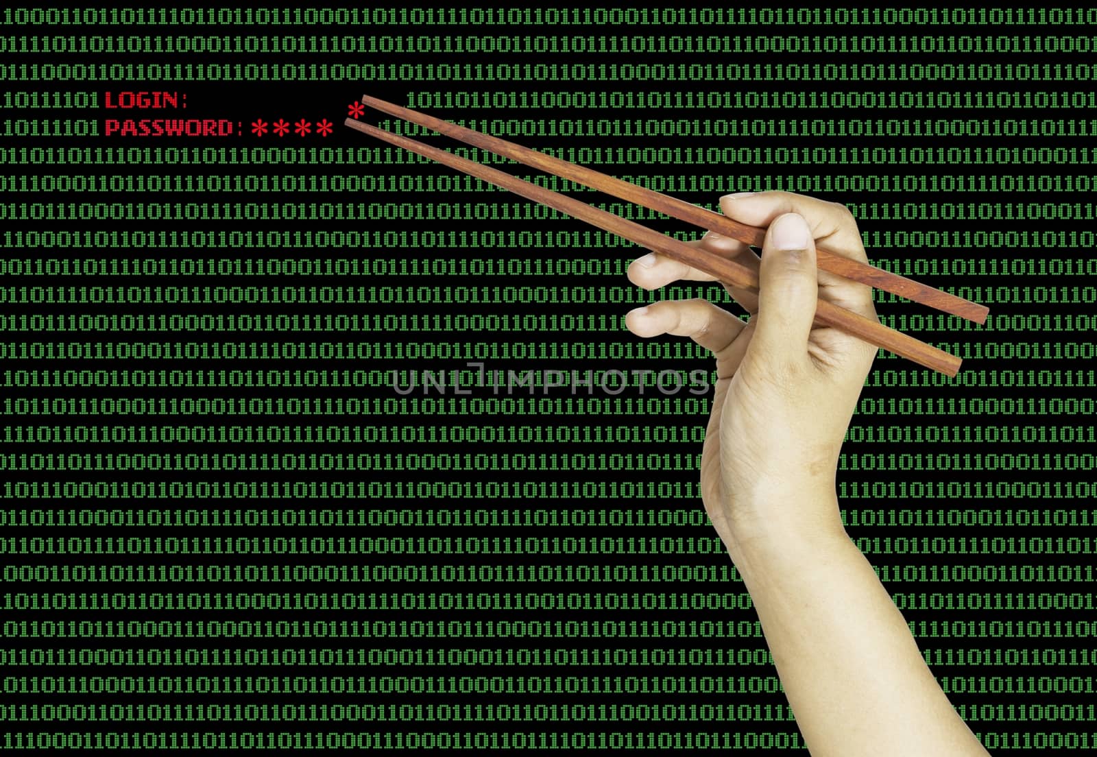 hand using chopsticks to pinch the last password on binary computer code background
