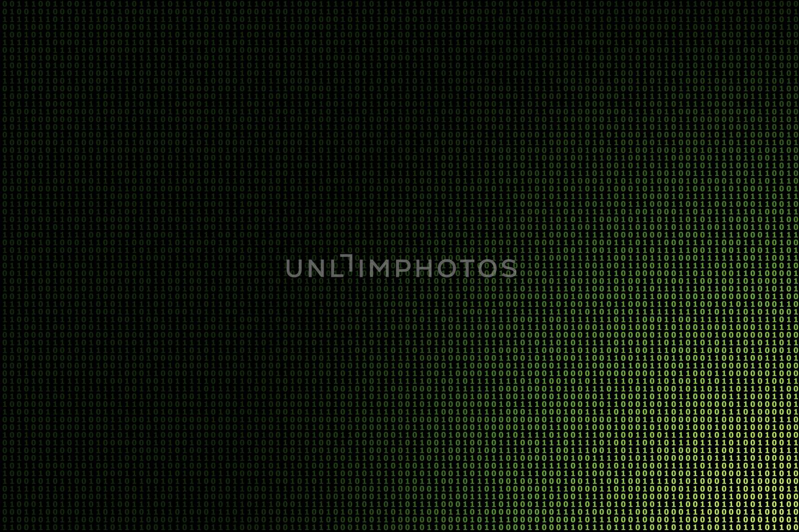 green binary data technology background, glowing light from the lower right corner
