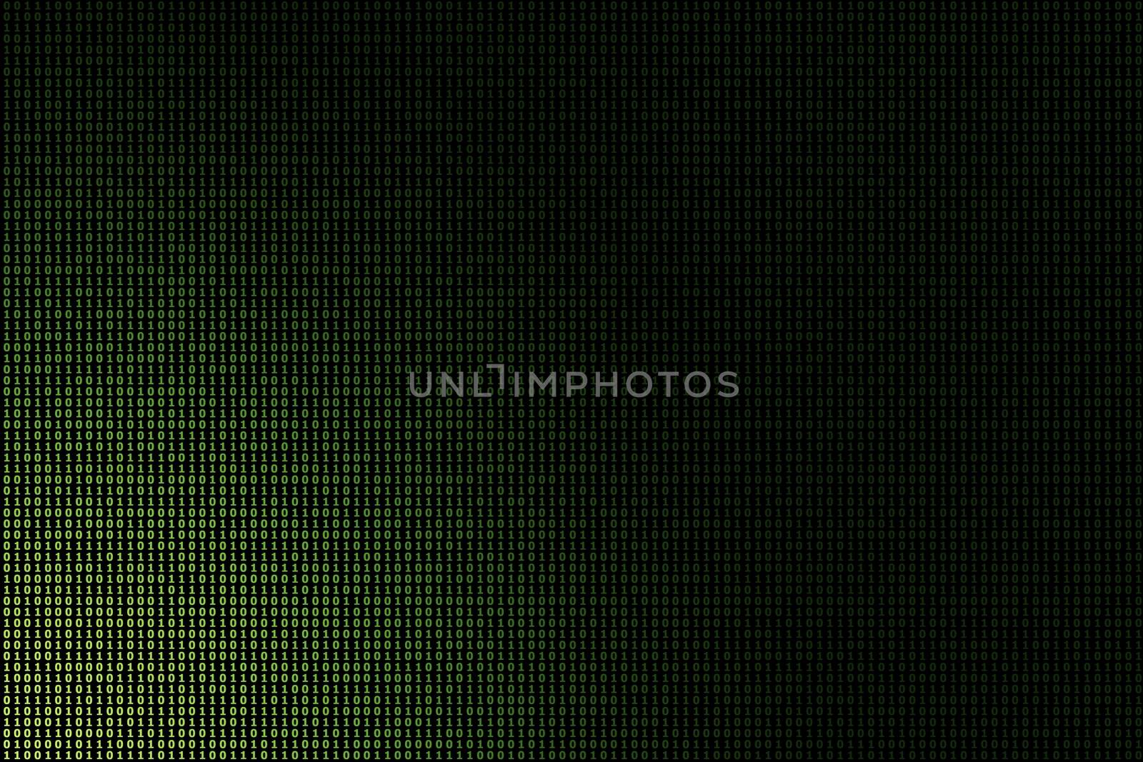 green binary data technology background, glowing light from the lower left corner