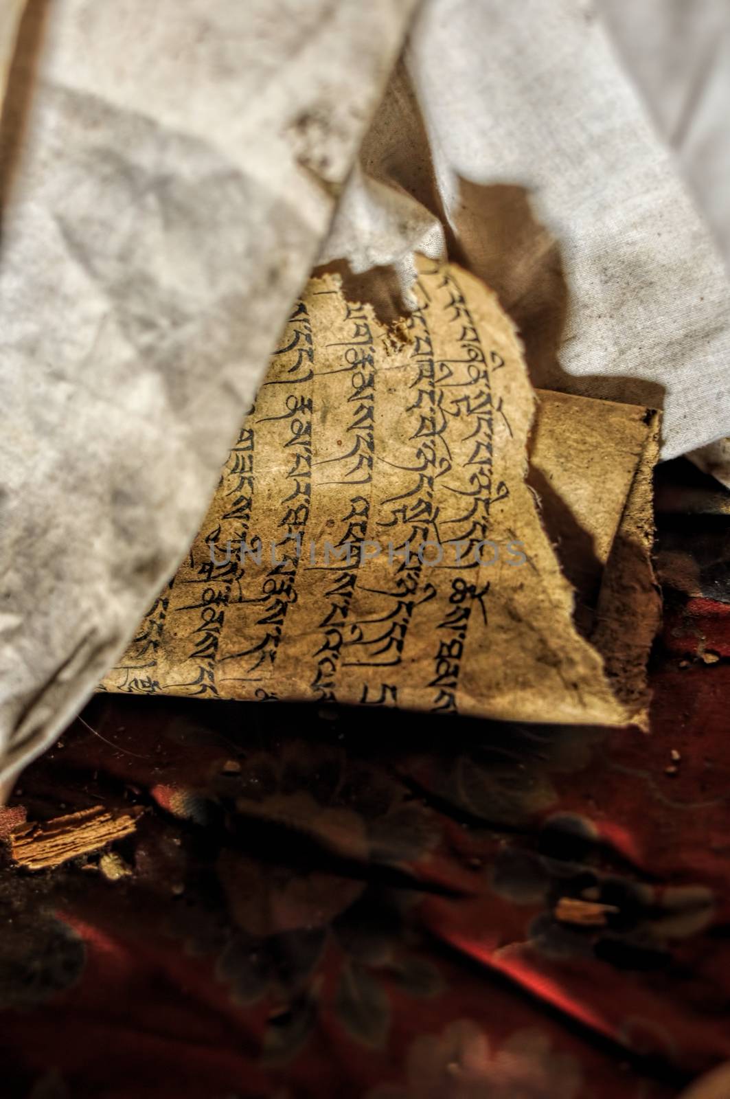 Close-up view of ancient buddhist texts
