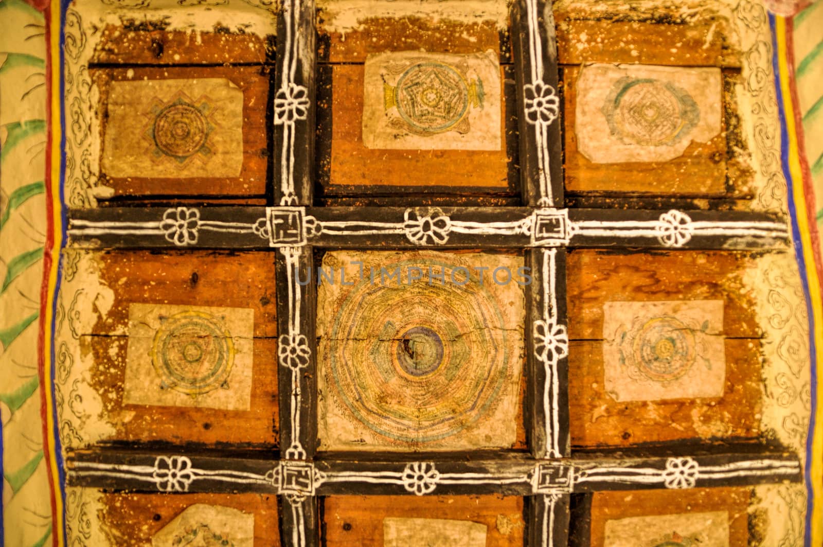 Decorated ceiling in an old nepalese house in himalayas