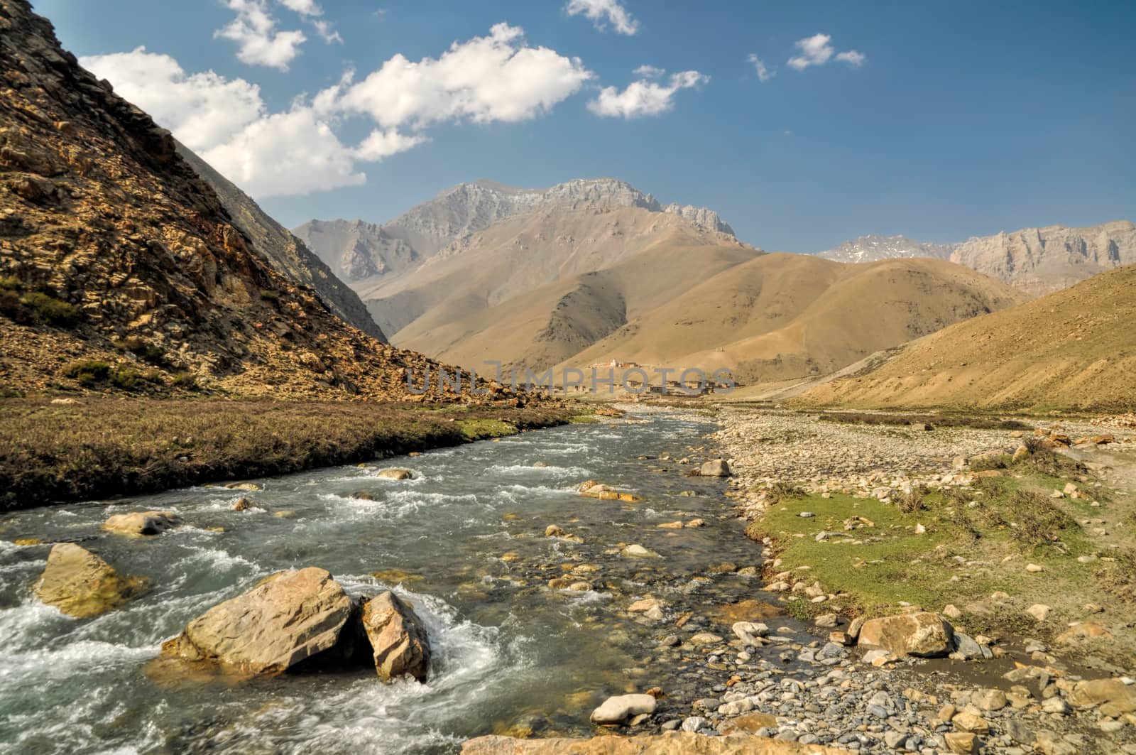 Scenic river in valley in Himalayas mountains in Nepal