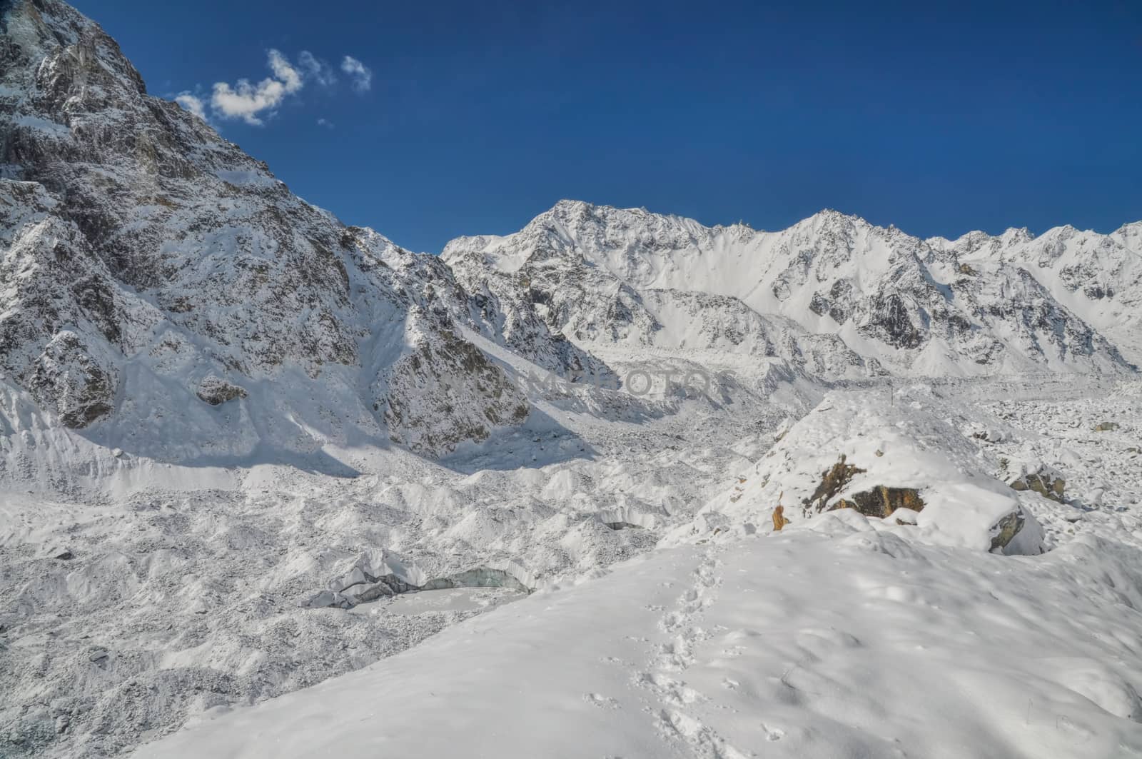 Trekking in scenic Himalayas near Kanchenjunga, the third tallest mountain in the world