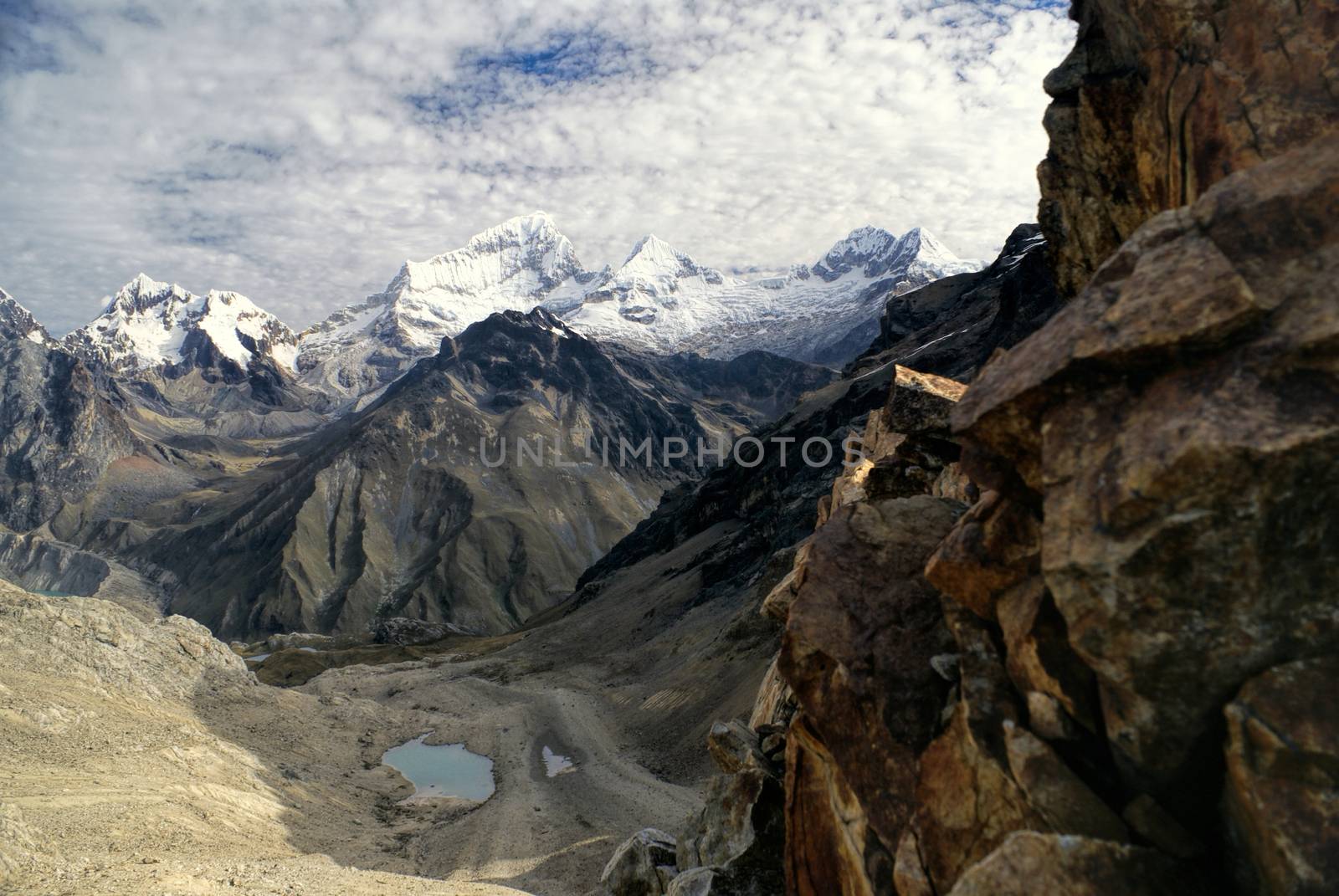 Beautiful landscape around Alpamayo, one of highest mountain peaks in Peruvian Andes, Cordillera Blanca