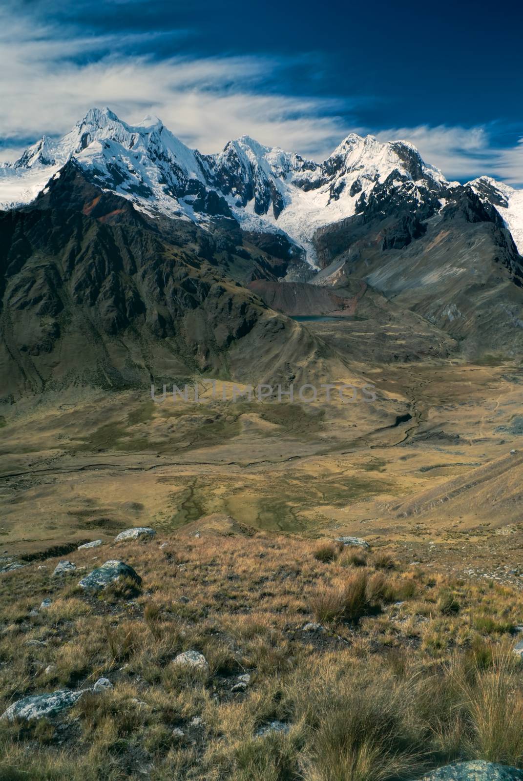Beautiful scenery around Alpamayo, one of highest mountain peaks in Peruvian Andes, Cordillera Blanca